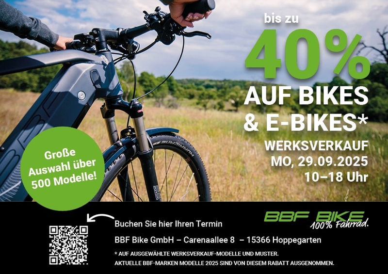 40 % auf Fahrräder und E-Bikes beim Werksverkauf am Montag, Ahrensfelde 40 % auf Fahrräder und E-Bikes beim Werksverkauf am Montag, Ahrensfelde